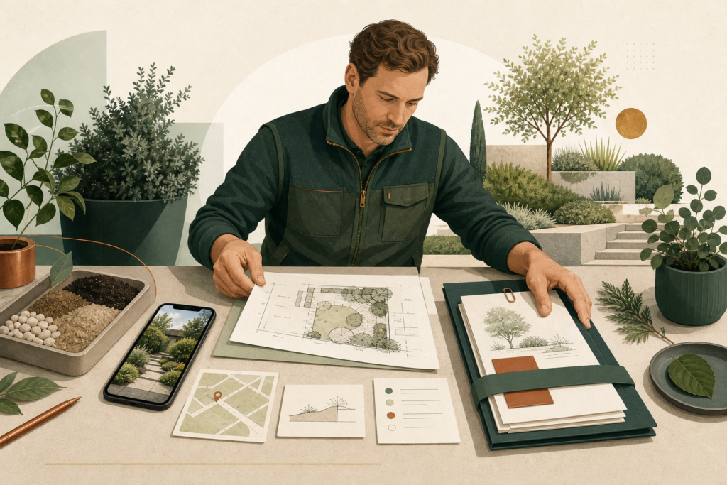 Illustration: Gartenbau-Anfrage mit Fotos, Massen und Terminangaben vorbereiten